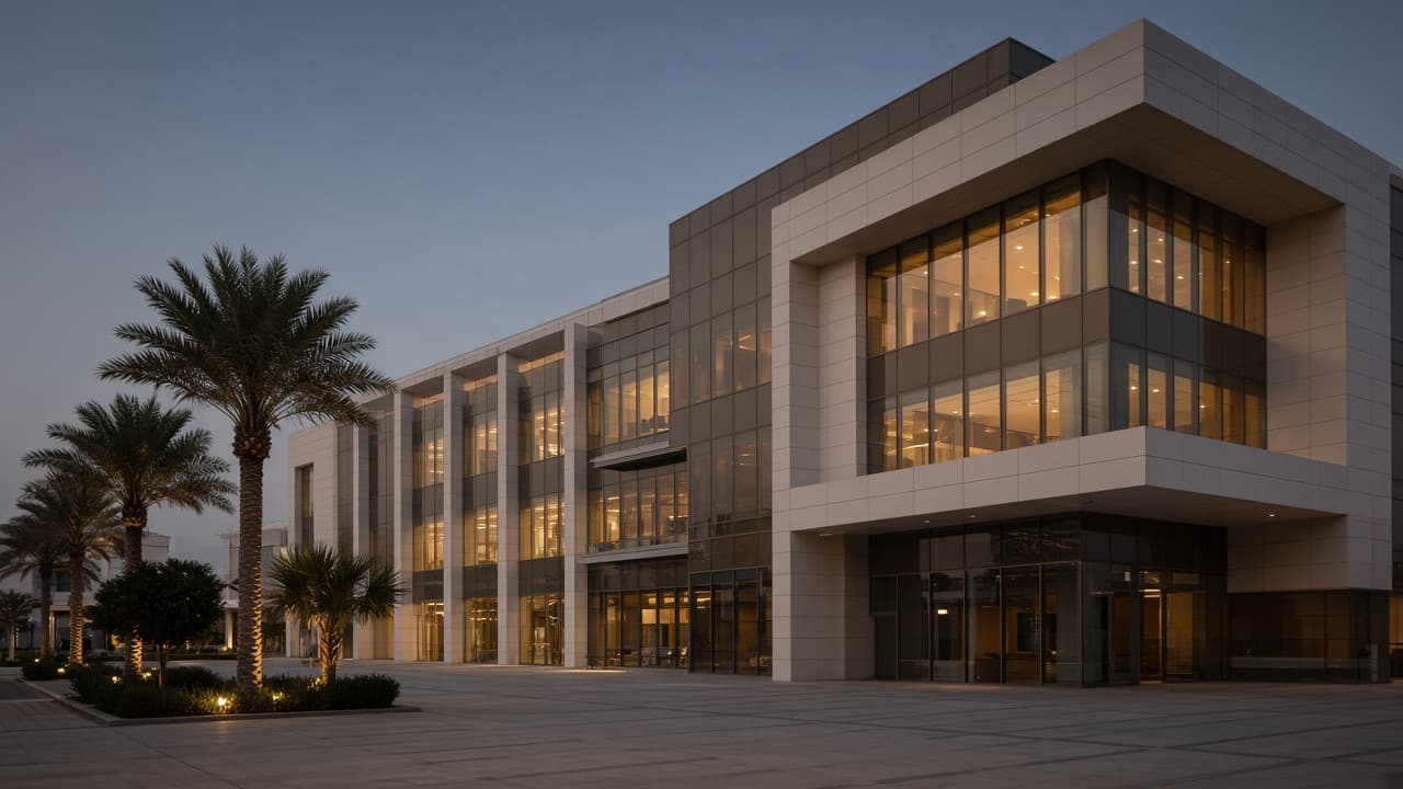 Commercial facility at dusk in Abu Dhabi