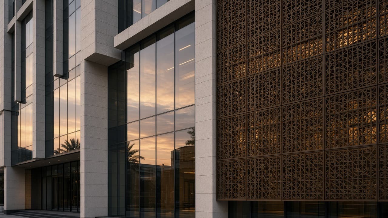 Architectural facade and shading screens on a commercial facility